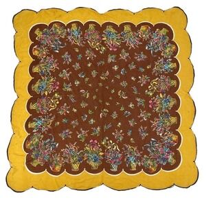 vintage scalloped Carol Stanley Floral Designer Scarf Silk Yellow Brown One Size